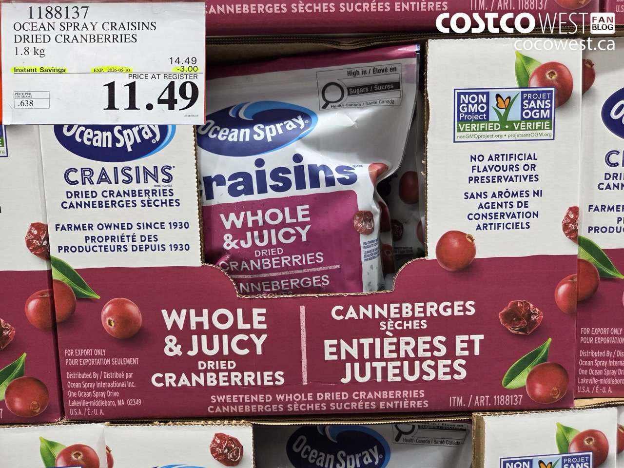 1188137 OCEAN SPRAY CRANBERRIES DRIED CRANBERRIES 1.8KG ($3.00 INSTANT SAVINGS EXPIRES ON 2026-05-10) $11.49