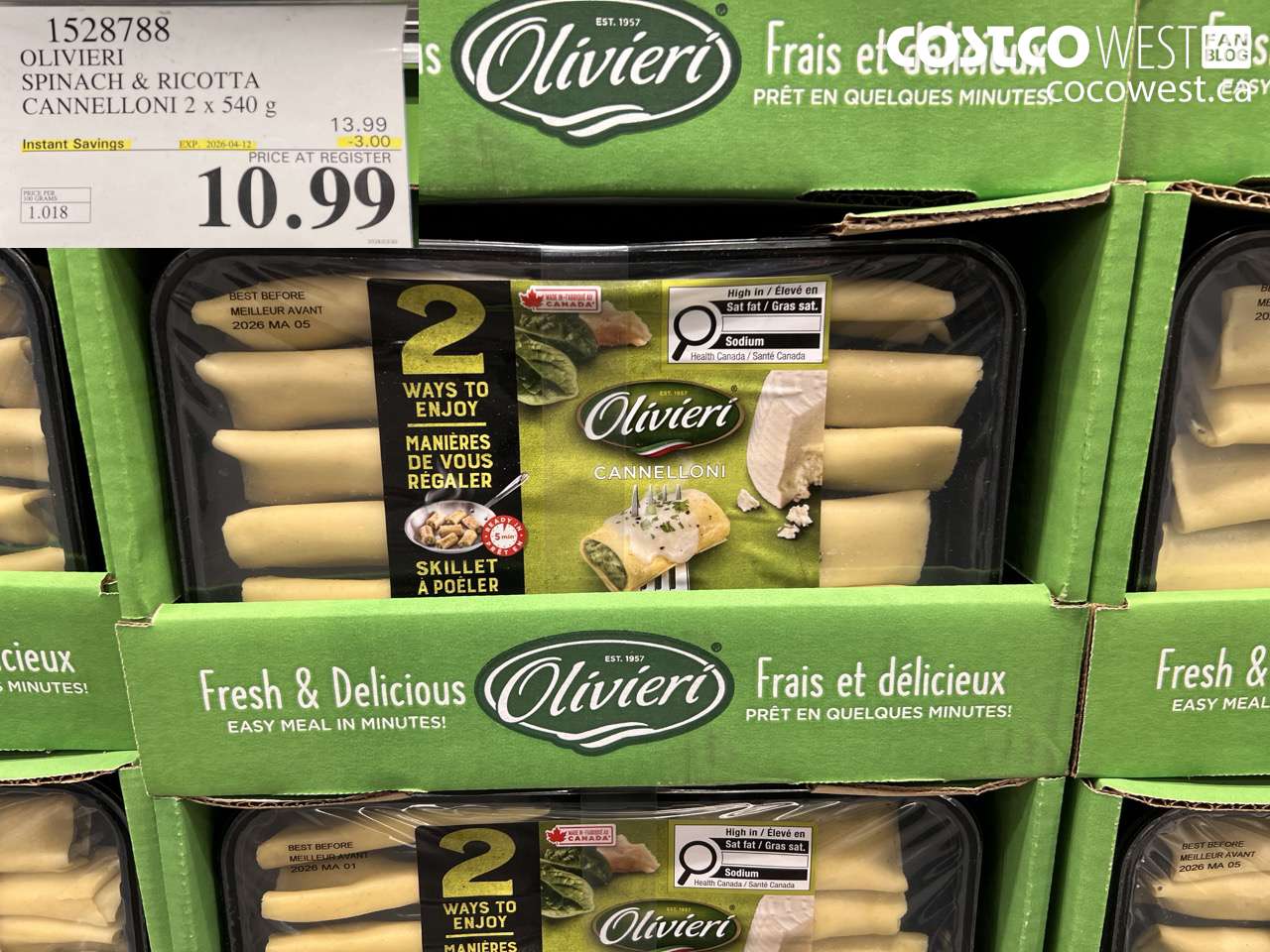1528788 OLIVIERI SPINACH & RICOTTA CANNELLONI 2 X 540 G ($3.00 INSTANT SAVINGS EXPIRES ON 2026-04-12) $10.99