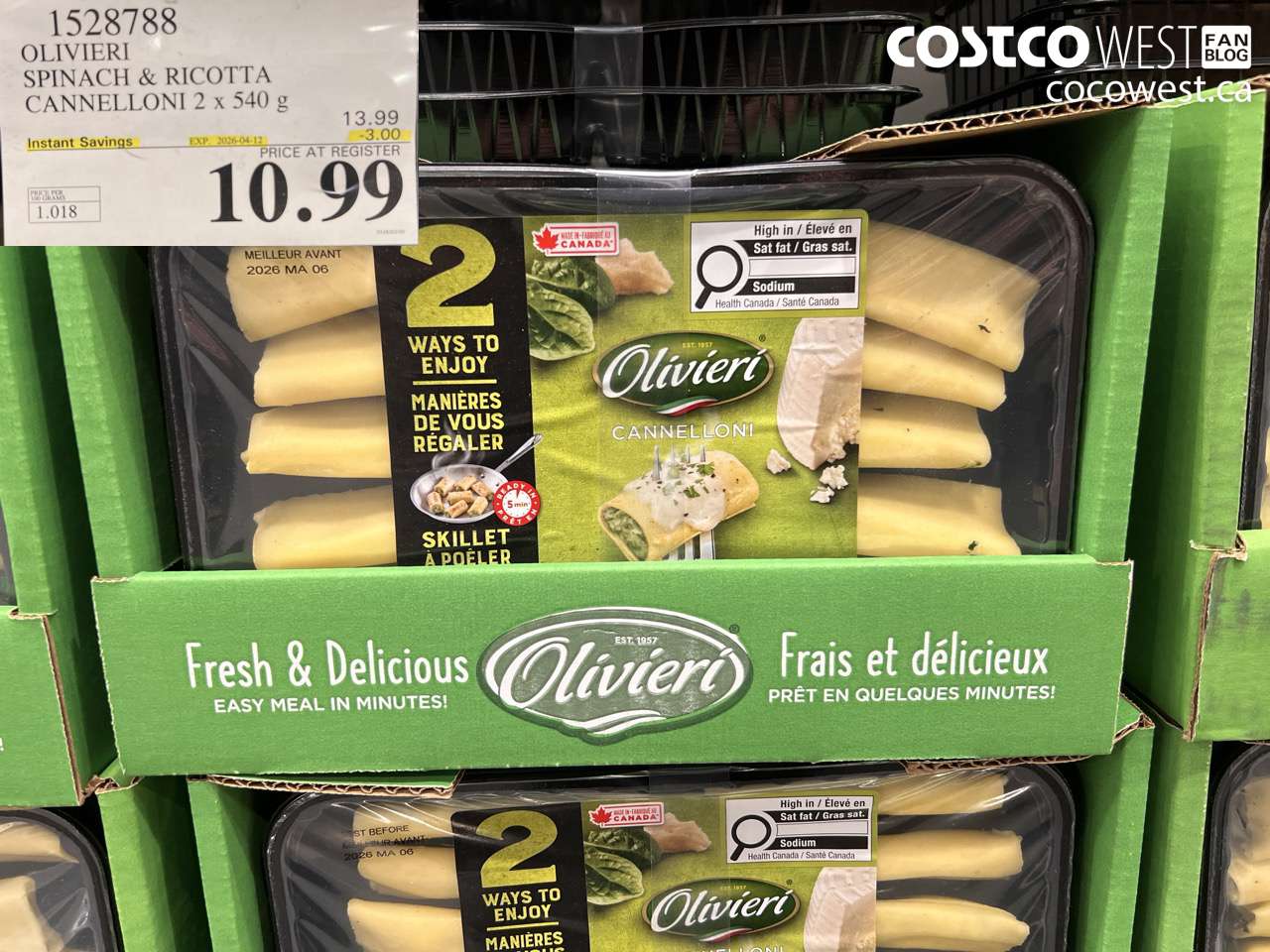 1528788 OLIVIERI SPINACH & RICOTTA CANNELLONI 2 X 540 G ($3.00 INSTANT SAVINGS EXPIRES ON 2026-04-12) $10.99