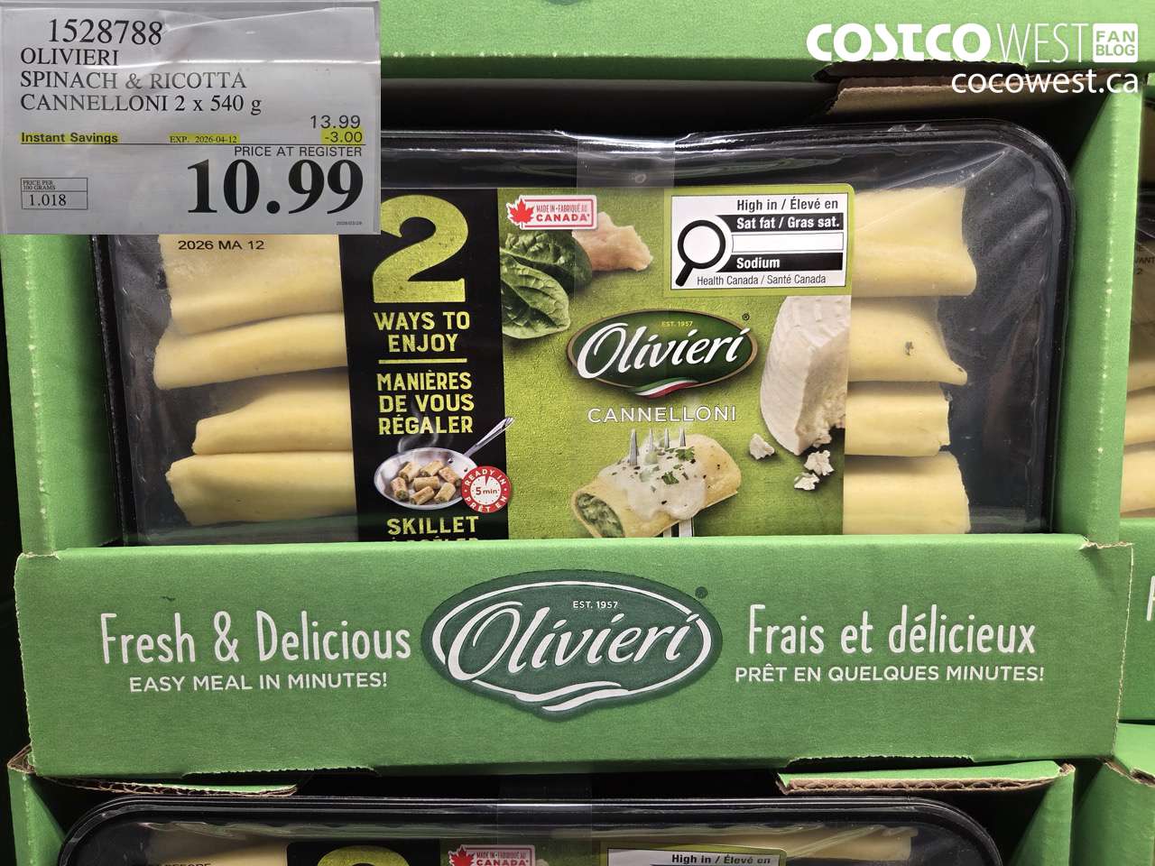 1528788 OLIVIERI SPINACH & RICOTTA CANNELLONI 2 X 540 G ($3.00 INSTANT SAVINGS EXPIRES ON 2026-04-12) $10.99