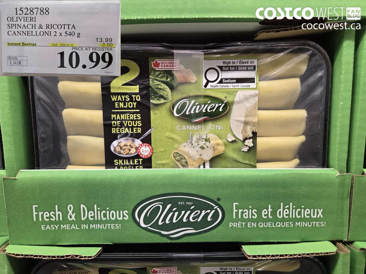1528788 OLIVIERI SPINACH & RICOTTA CANNELLONI 2 X 540 G ($3.00 INSTANT SAVINGS EXPIRES ON 2026-04-19) $10.99