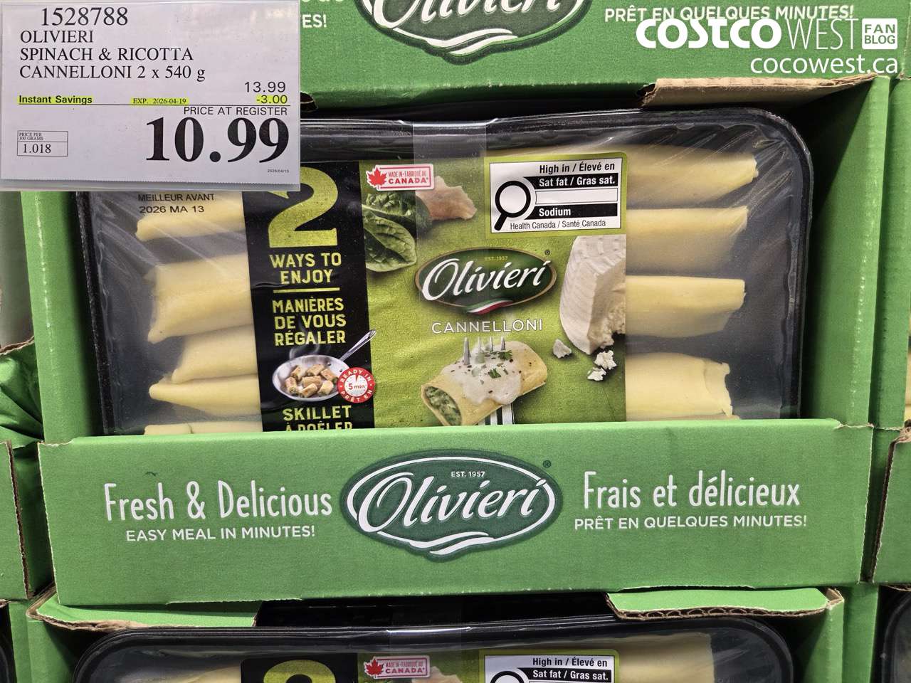 1528788 OLIVIERI SPINACH & RICOTTA CANNELLONI 2 x 540 g ($3.00 INSTANT SAVINGS EXPIRES ON 2026-04-19) $10.99