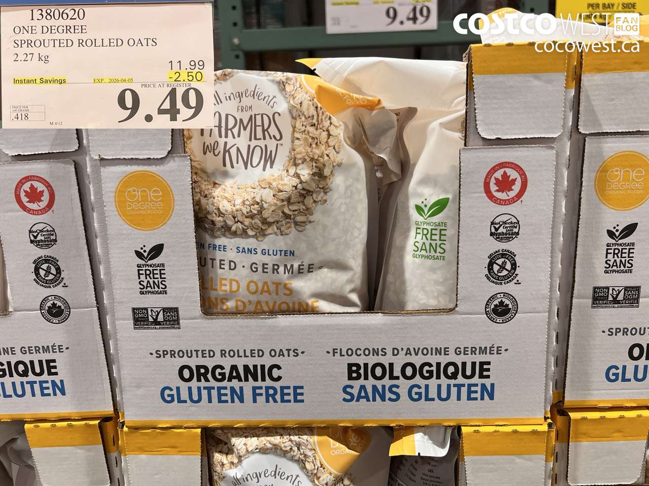 1380620 ONE DEGREE SPROUTED ROLLED OATS 2.27KG ($2.50 INSTANT SAVINGS EXPIRES ON 2026-04-05) $9.49