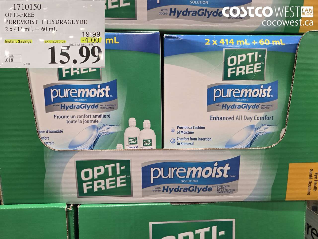 1710150 OPTI-FREE PUREMOIST + HYDRAGLYDE 2 X 414ML + 60ML ($4.00 INSTANT SAVINGS EXPIRES ON 2026-04-26) $15.99