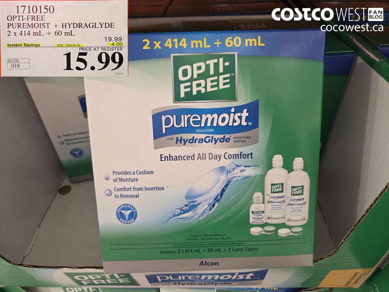 1710150 OPTI-FREE PUREMOIST + HYDRAGLYDE 2 X 414 ML + 60 ML ($4.00 INSTANT SAVINGS EXPIRES ON 2026-04-26) $15.99