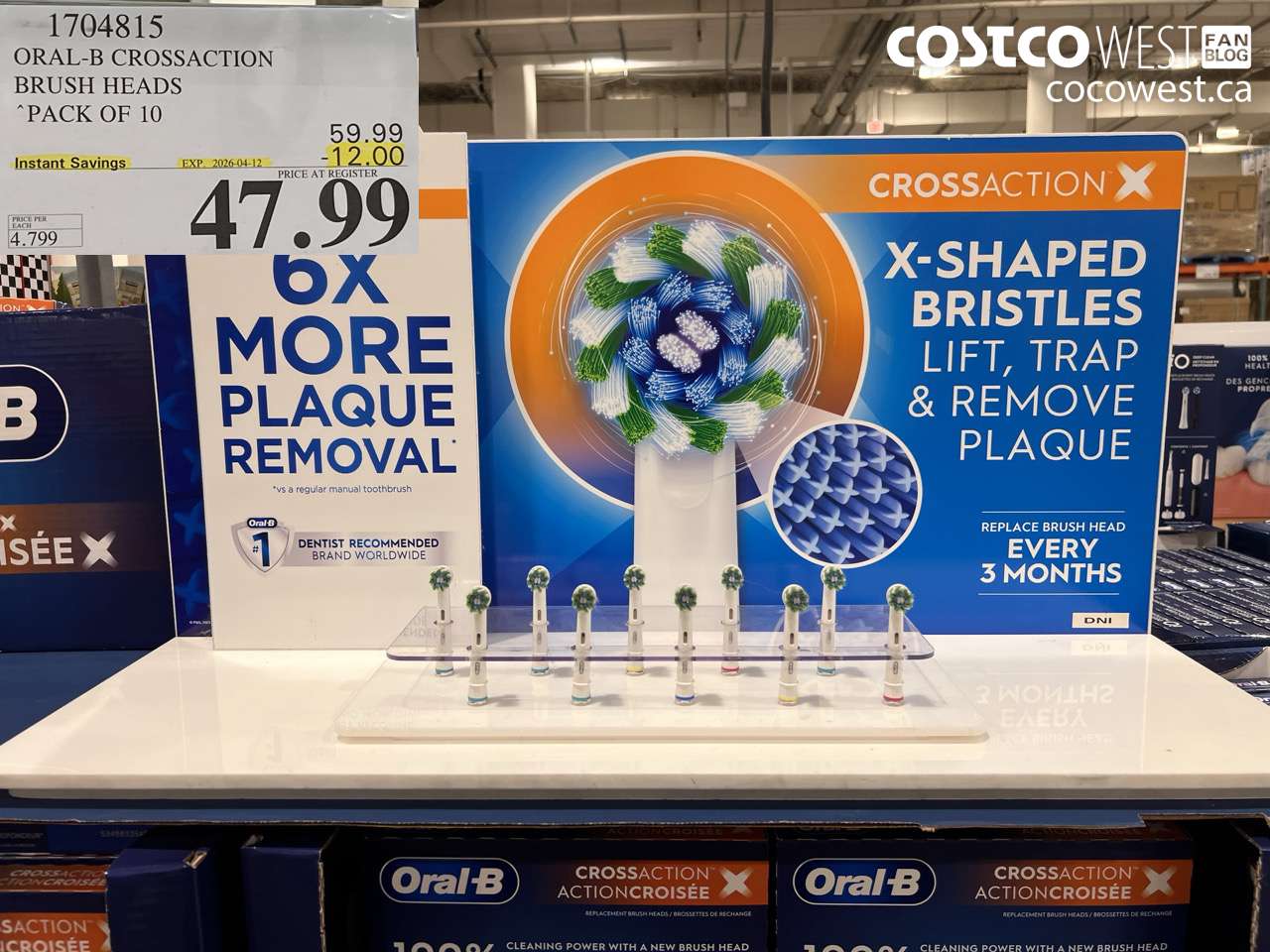 1704815 ORAL-B CROSSACTION BRUSH HEADS PACK OF 10 ($12.00 INSTANT SAVINGS EXPIRES ON 2026-04-12) $47.99