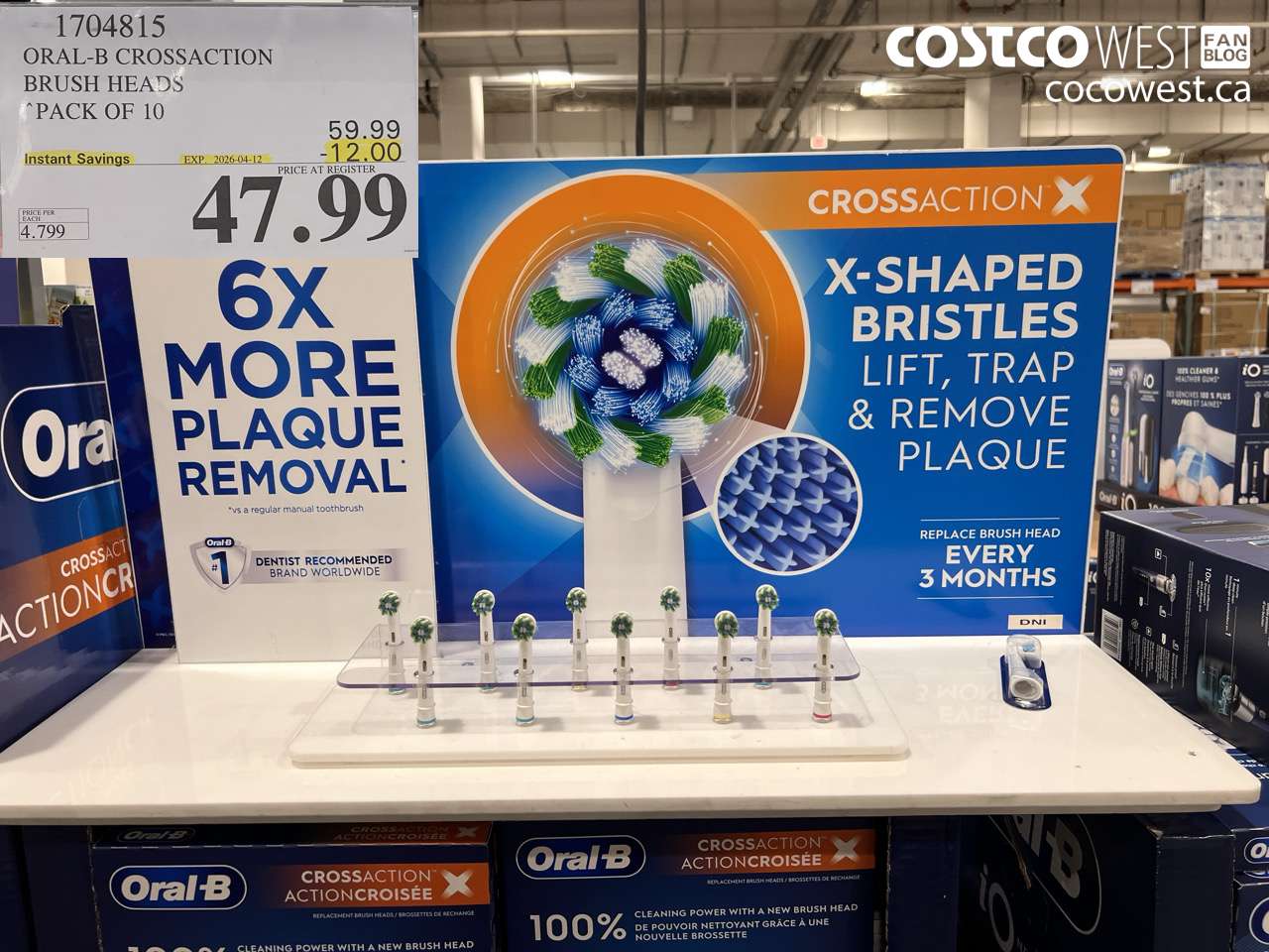 1704815 ORAL-B CROSSACTION BRUSH HEADS PACK OF 10 ($12.00 INSTANT SAVINGS EXPIRES ON 2026-04-12) $47.99