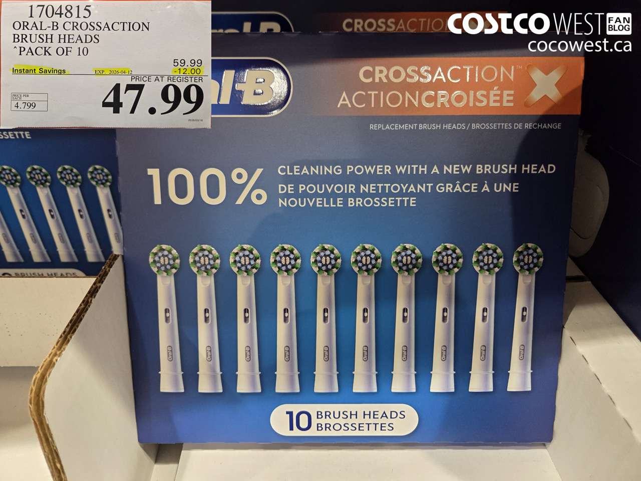 1704815 ORAL-B CROSSACTION BRUSH HEADS PACK OF 10 ($12.00 INSTANT SAVINGS EXPIRES ON 2026-04-12) $47.99