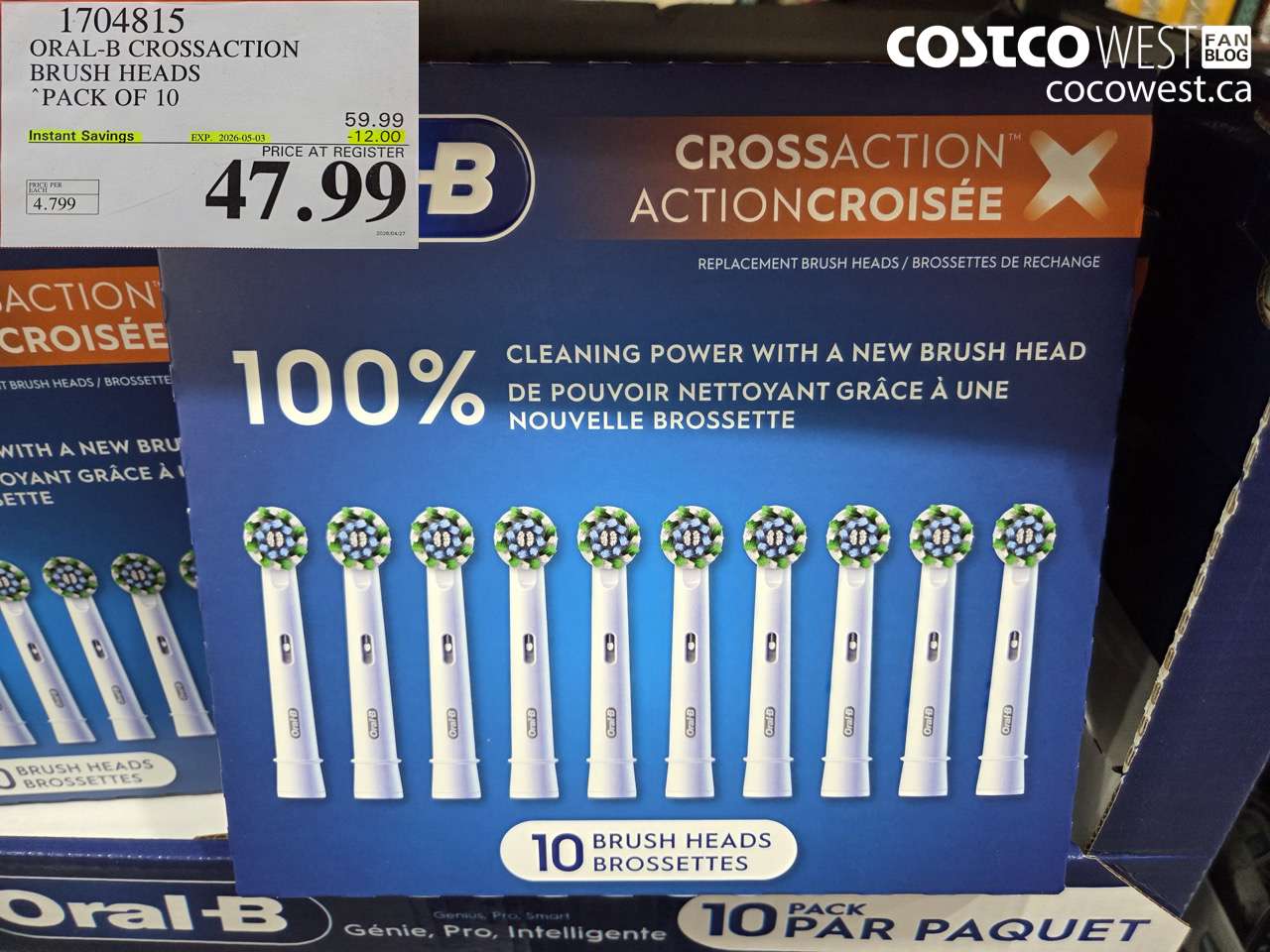 1704815 ORAL-B CROSSACTION BRUSH HEADS PACK OF 10 ($12.00 INSTANT SAVINGS EXPIRES ON 2026-05-03) $47.99