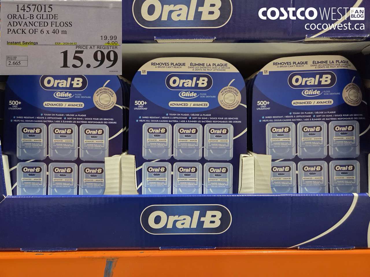 1457015 ORAL-B GLIDE ADVANCED FLOSS PACK OF 6 X 40 M ($4.00 INSTANT SAVINGS EXPIRES ON 2026-04-12) $15.99