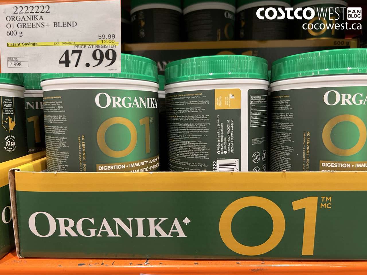 22222222 ORGANIKA 01 GREENS+ BLEND 600 G ($12.00 INSTANT SAVINGS EXPIRES ON 2026-04-12) $47.99