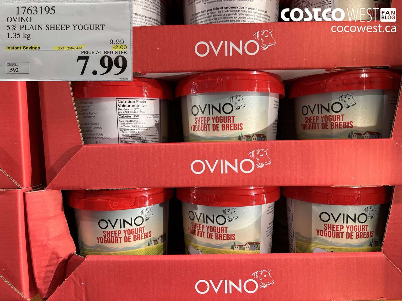 1763195 OVINO 5% PLAIN SHEEP YOGURT 1.35 KG ($2.00 INSTANT SAVINGS EXPIRES ON 2026-04-05) $7.99