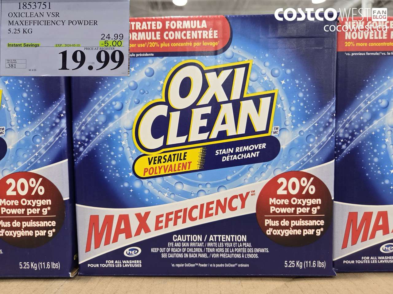 1853751 OXICLEAN VSR MAXEFFICIENCY POWDER 5.25 KG ($5.00 INSTANT SAVINGS EXPIRES ON 2026-05-10) $19.99
