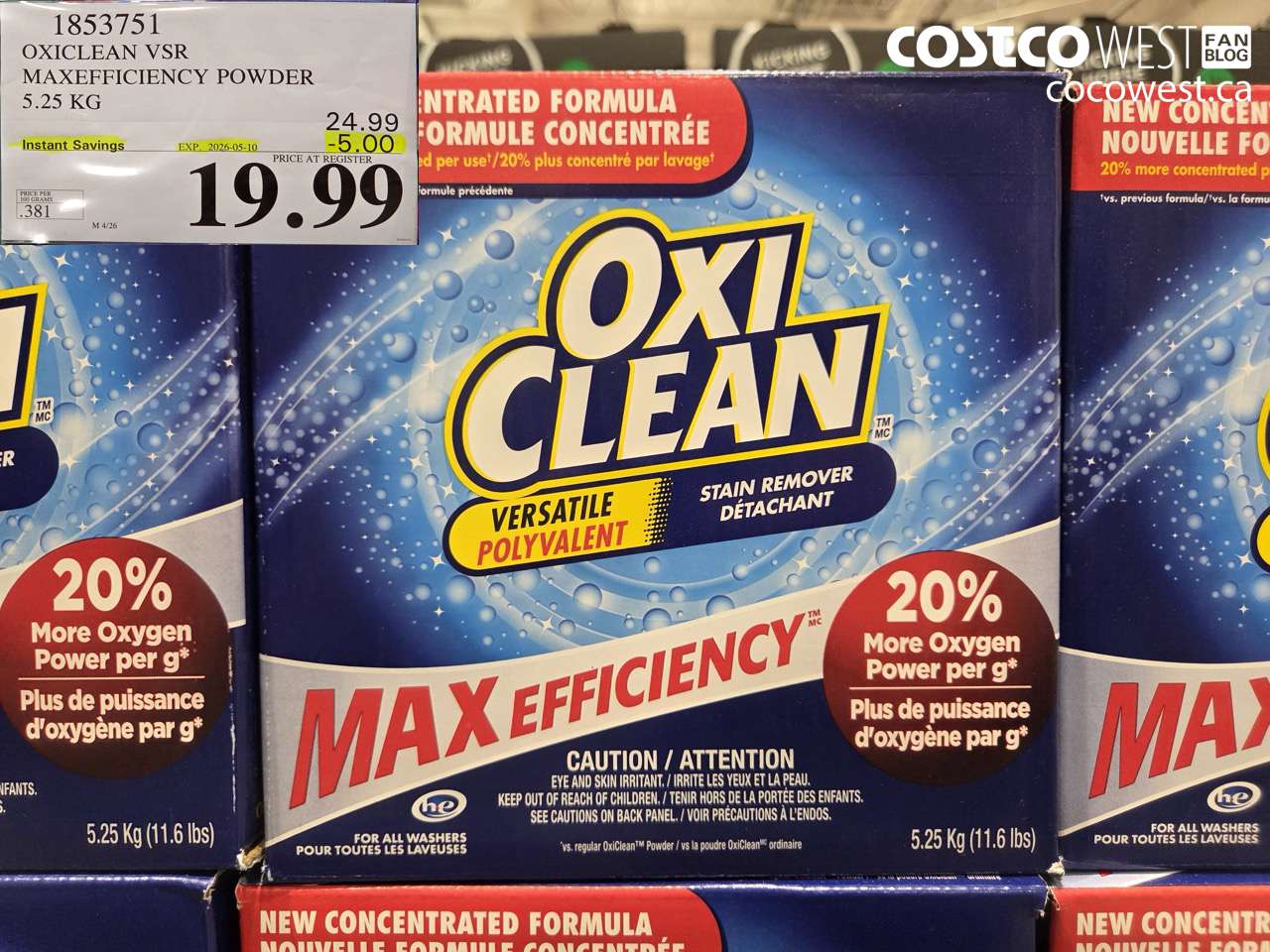 1853751 OXICLEAN VSR MAXEFFICIENCY POWDER 5.25 KG ($5.00 INSTANT SAVINGS EXPIRES ON 2026-05-10) $19.99