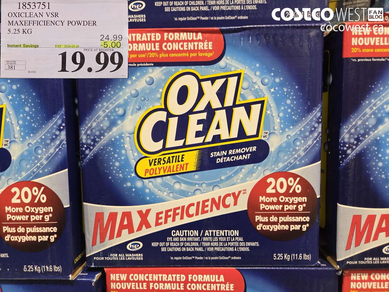 1853751 OXICLEAN VSR MAXEFFICIENCY POWDER 5.25 KG ($5.00 INSTANT SAVINGS EXPIRES ON 2026-05-10) $19.99