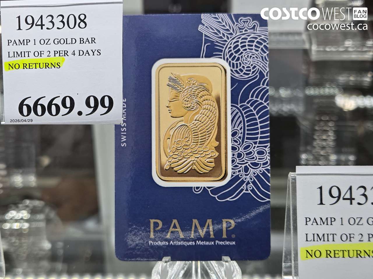1943308 PAMP 1 OZ GOLD BAR LIMIT OF 2 PER 4 DAYS NO RETURNS $6669.99