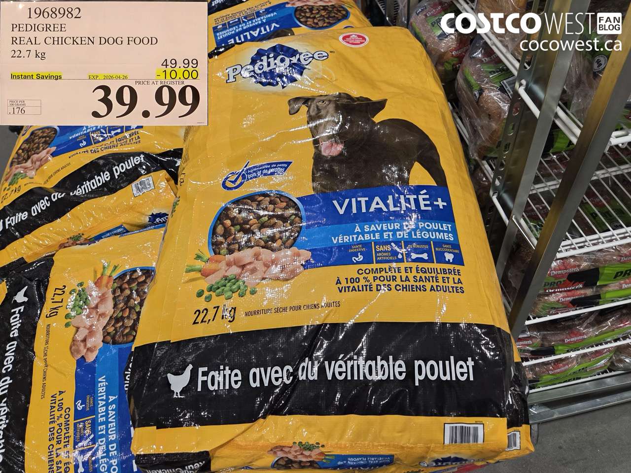 1968982 PEDIGREE REAL CHICKEN DOG FOOD 22.7 KG ($10.00 INSTANT SAVINGS EXPIRES ON 2026-04-26) $39.99