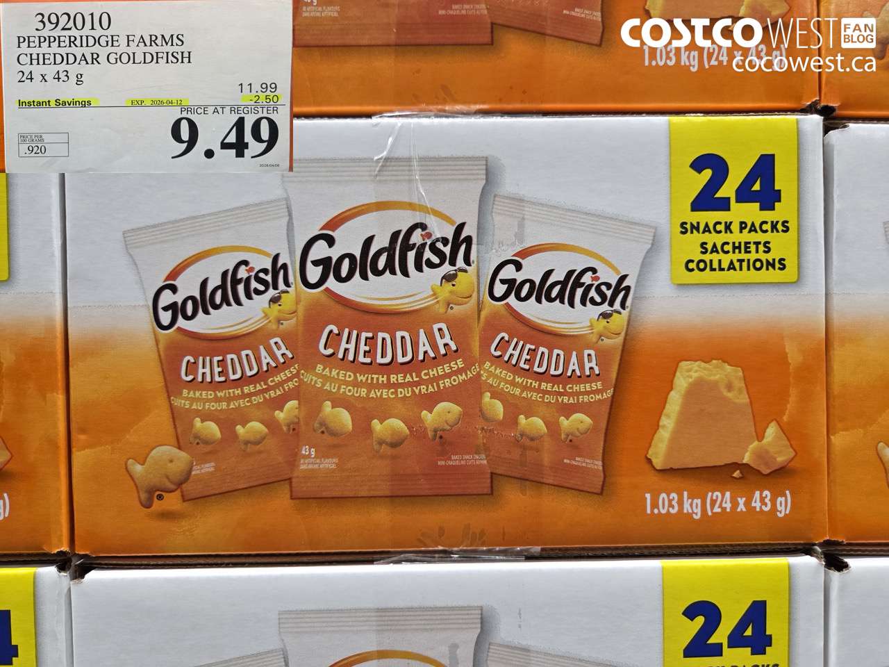392010 PEPPERIDGE FARMS CHEDDAR GOLDFISH 24 X 43 G ($2.50 INSTANT SAVINGS EXPIRES ON 2026-04-12) $9.49