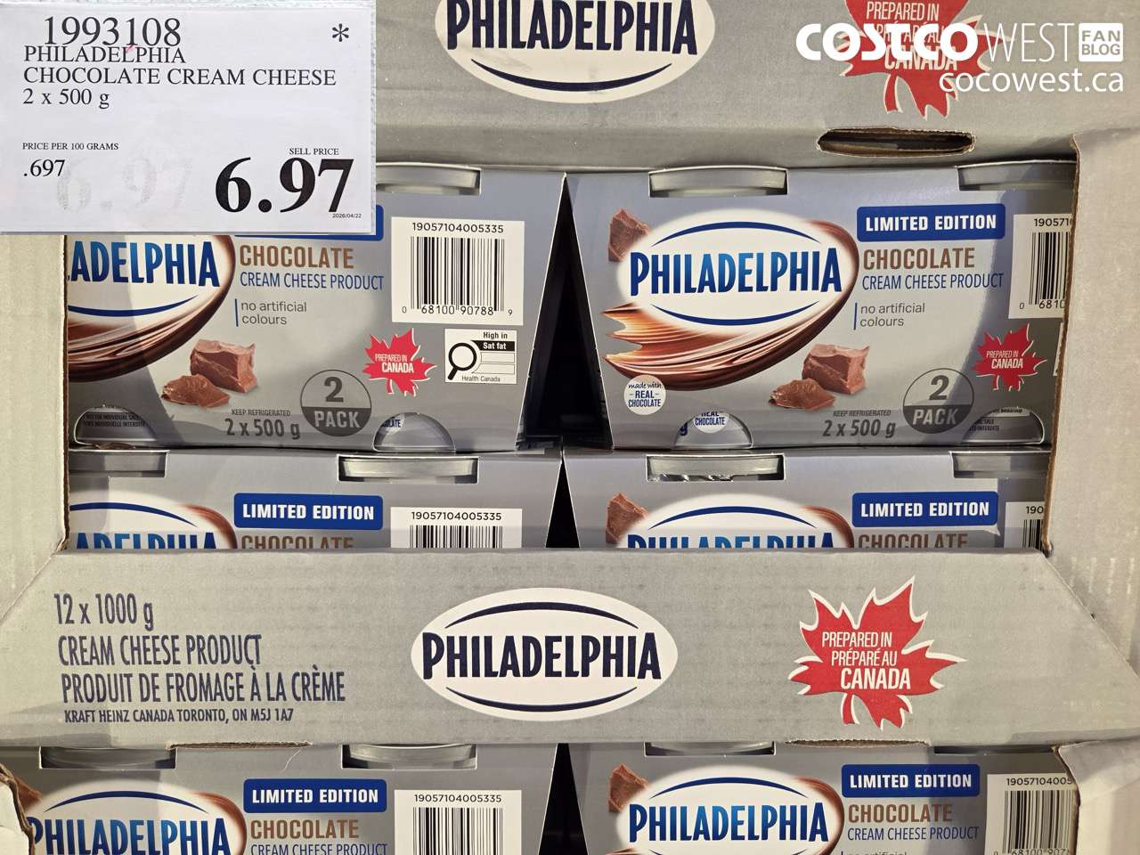 1993108 PHILADELPHIA CHOCOLATE CREAM CHEESE 2 X 500G $6.97