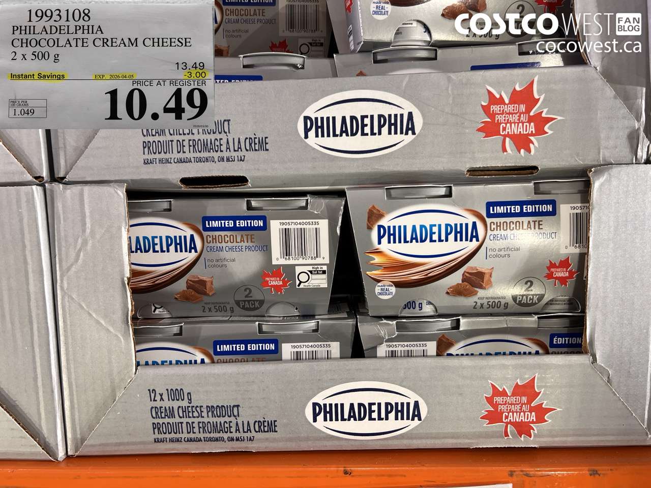 1993108 PHILADELPHIA CHOCOLATE CREAM CHEESE 2 X 500 G ($3.00 INSTANT SAVINGS EXPIRES ON 2026-04-05) $10.49