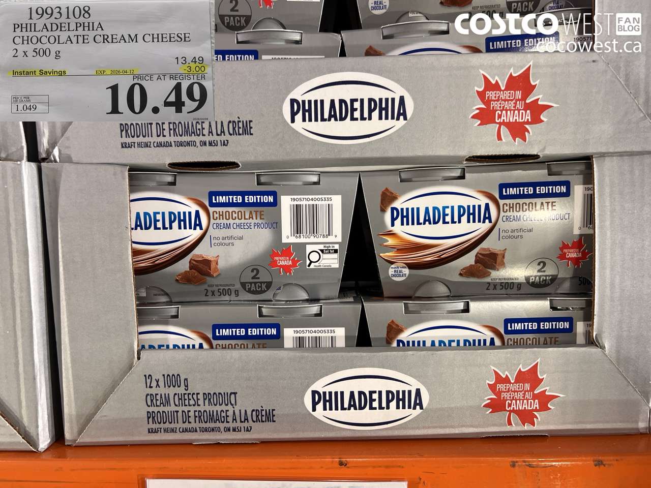 1993108 PHILADELPHIA CHOCOLATE CREAM CHEESE 2 X 500 G ($3.00 INSTANT SAVINGS EXPIRES ON 2026-04-12) $10.49