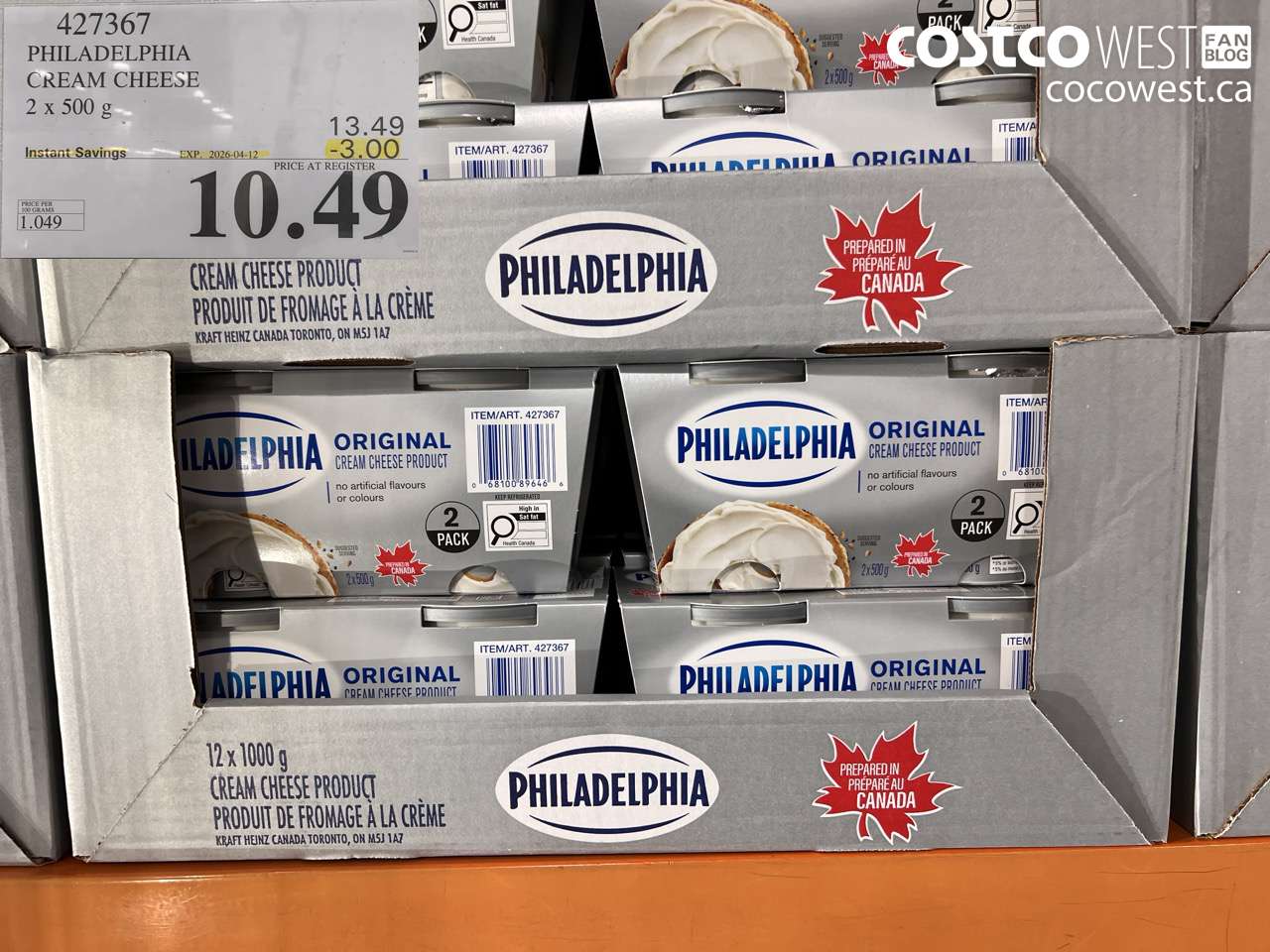 427367 PHILADELPHIA CREAM CHEESE 2 X 500 G ($3.00 INSTANT SAVINGS EXPIRES ON 2026-04-12) $10.49