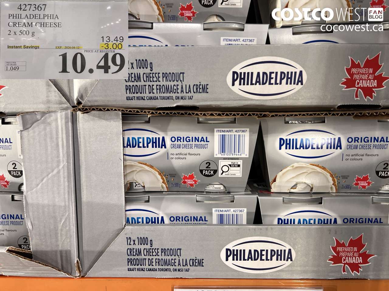 427367 PHILADELPHIA CREAM CHEESE 2 X 500 G ($3.00 INSTANT SAVINGS EXPIRES ON 2026-04-12) $10.49