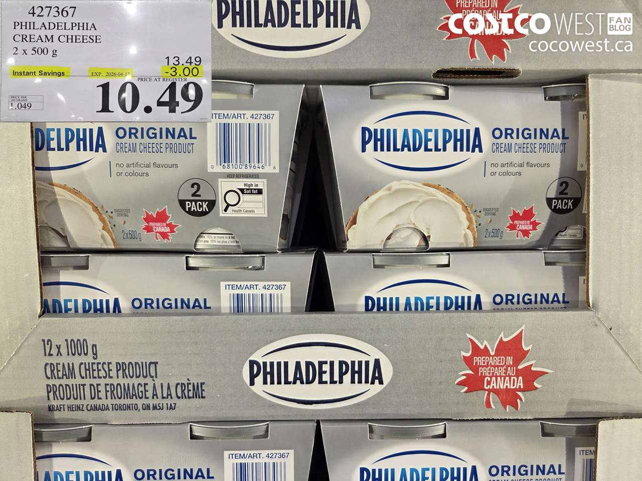 427367 PHILADELPHIA CREAM CHEESE 2 X 500 G ($3.00 INSTANT SAVINGS EXPIRES ON 2026-04-12) $10.49