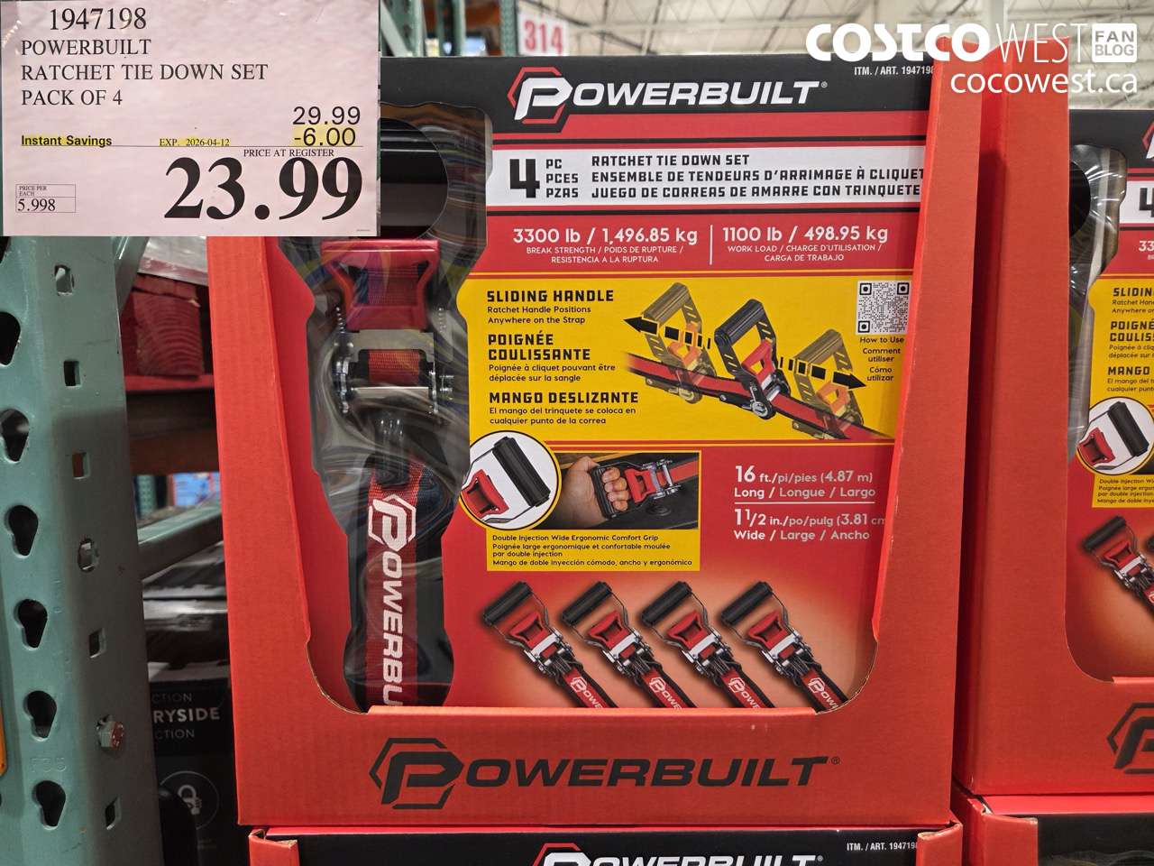 1947198 POWERBUILT RATCHET TIE DOWN SET PACK OF 4 ($6.00 INSTANT SAVINGS EXPIRES ON 2026-04-12) $23.99