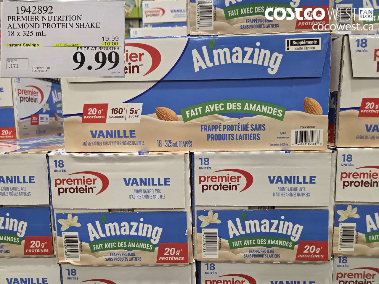 1942892 PREMIER NUTRITION ALMOND PROTEIN SHAKE 18 X 325 ML ($10.00 INSTANT SAVINGS EXPIRES ON 2026-04-12) $9.99