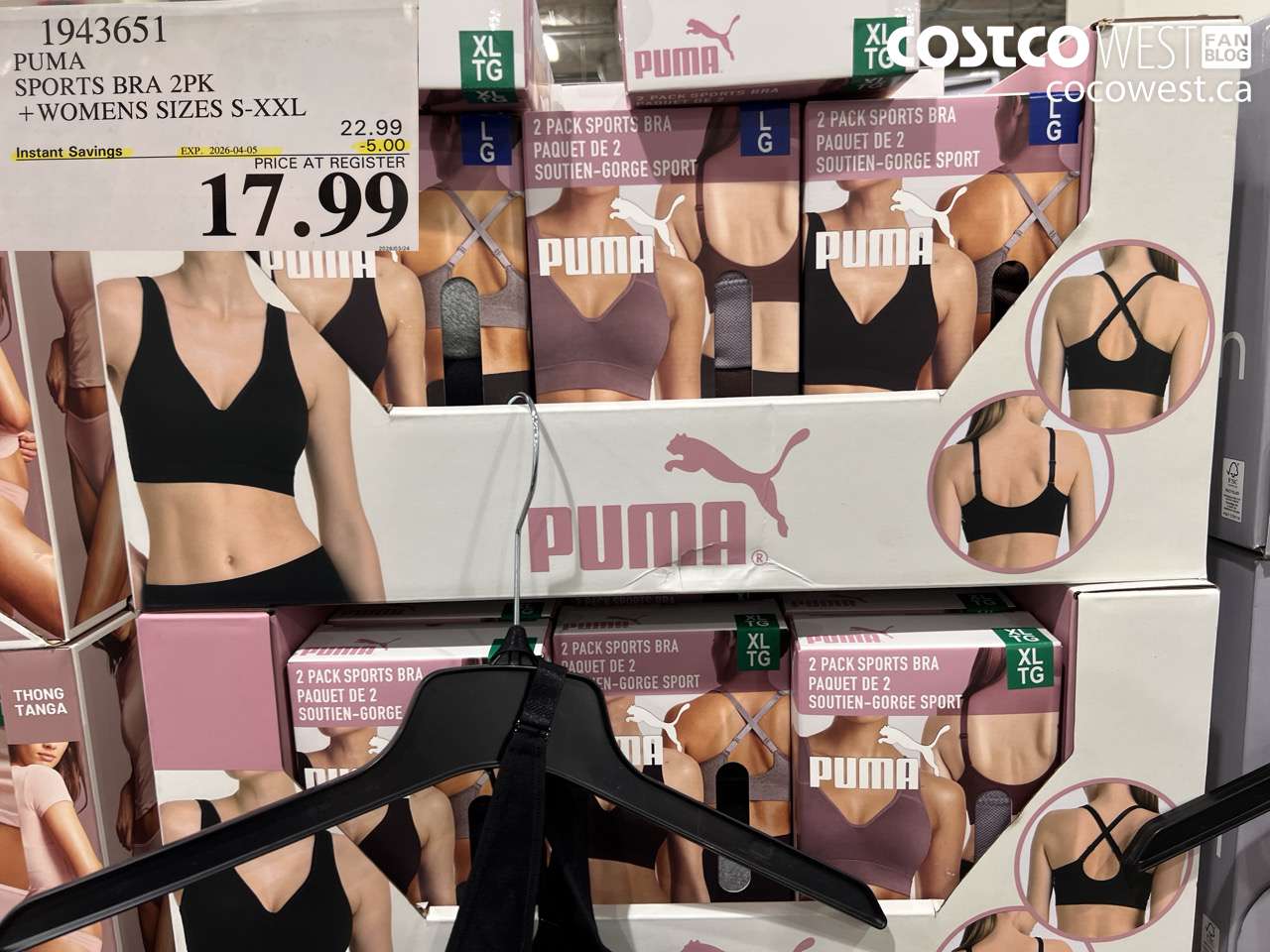 1943651 PUMA SPORTS BRA 2PK + WOMENS SIZES S-XXL ($5.00 INSTANT SAVINGS EXPIRES ON 2026-04-05) $17.99