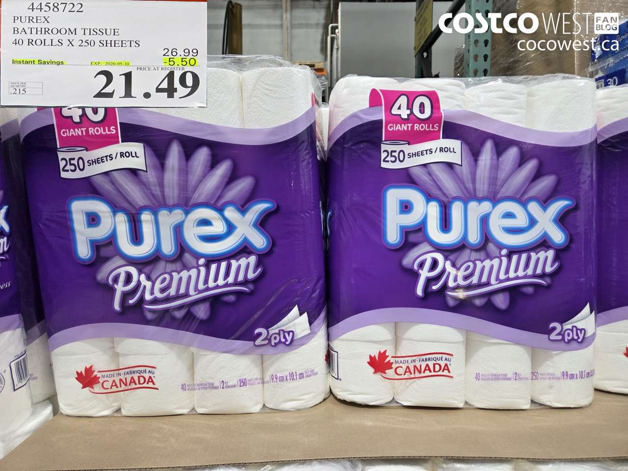 4458722 PUREX BATHROOM TISSUE 40 ROLLS X 250 SHEETS ($5.50 INSTANT SAVINGS EXPIRES ON 2026-05-10) $21.49