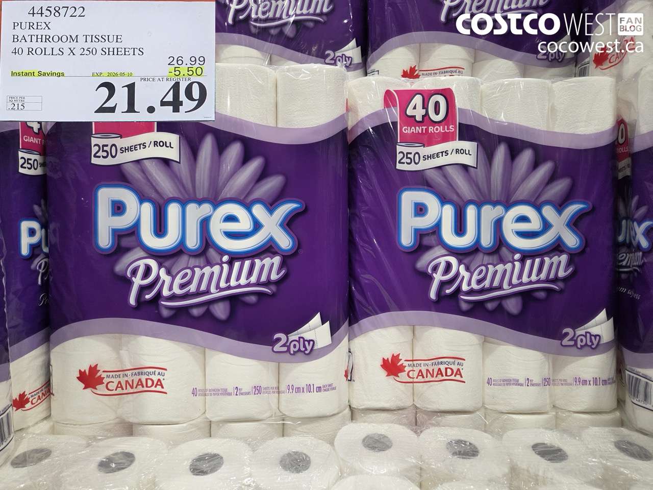 4458722 PUREX BATHROOM TISSUE 40 ROLLS X 250 SHEETS ($5.50 INSTANT SAVINGS EXPIRES ON 2026-05-10) $21.49