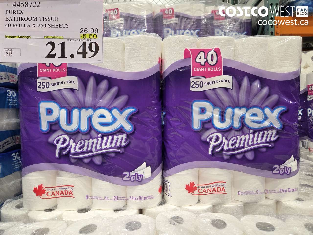 4458722 PUREX BATHROOM TISSUE 40 ROLLS X 250 SHEETS ($5.50 INSTANT SAVINGS EXPIRES ON 2026-05-10) $21.49