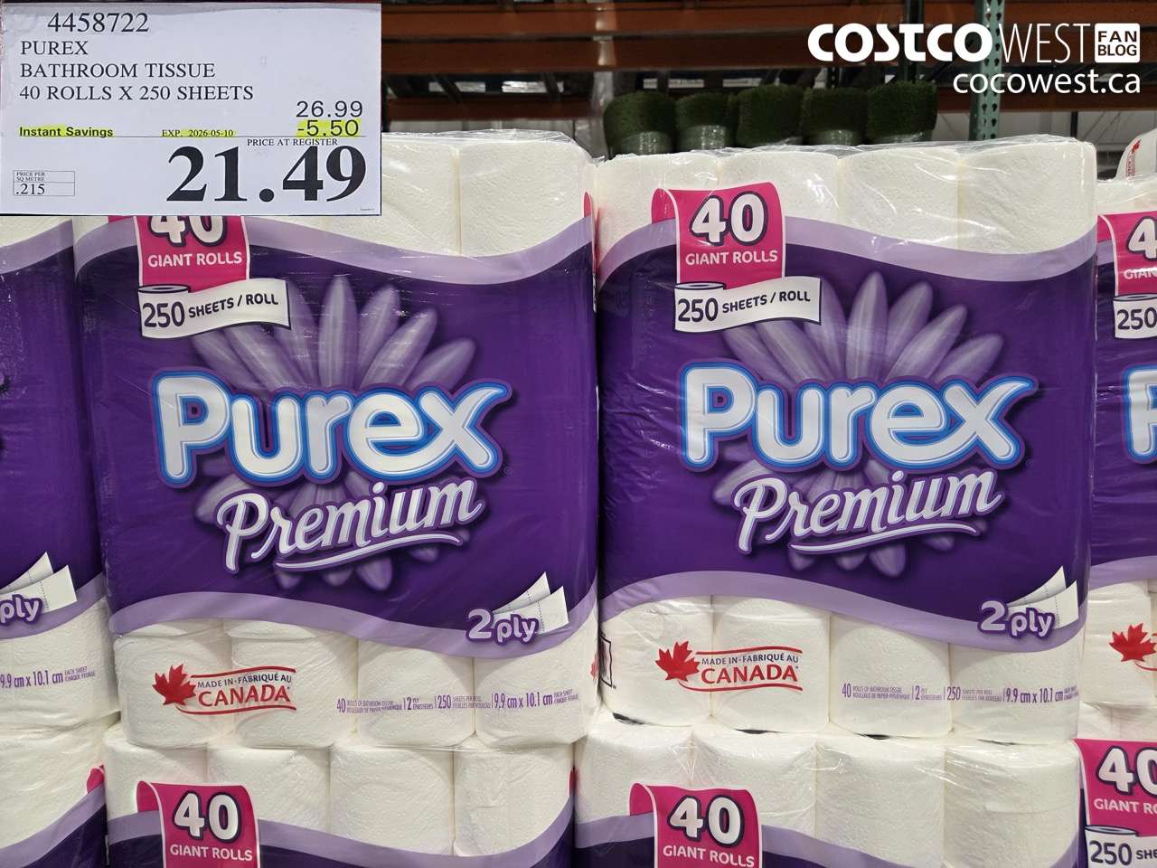 4458722 PUREX BATHROOM TISSUE 40 ROLLS X 250 SHEETS ($5.50 INSTANT SAVINGS EXPIRES ON 2026-05-10) $21.49