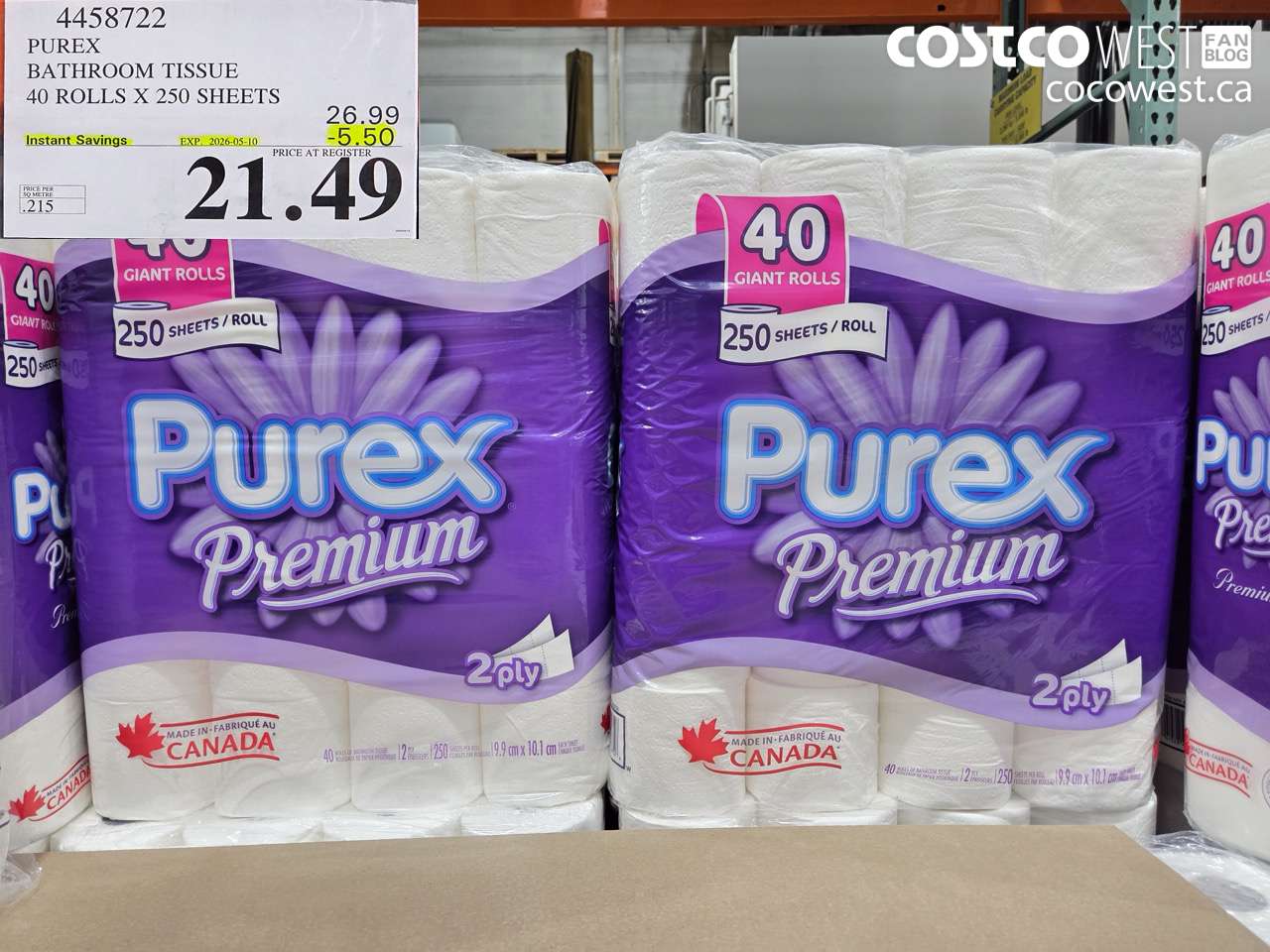4458722 PUREX BATHROOM TISSUE 40 ROLLS X 250 SHEETS ($5.50 INSTANT SAVINGS EXPIRES ON 2026-05-10) $21.49