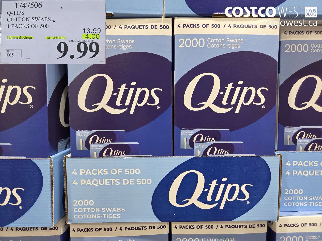 1747506 Q-TIPS COTTON SWABS 4 PACKS OF 500 ($4.00 INSTANT SAVINGS EXPIRES ON 2026-05-10) $9.99