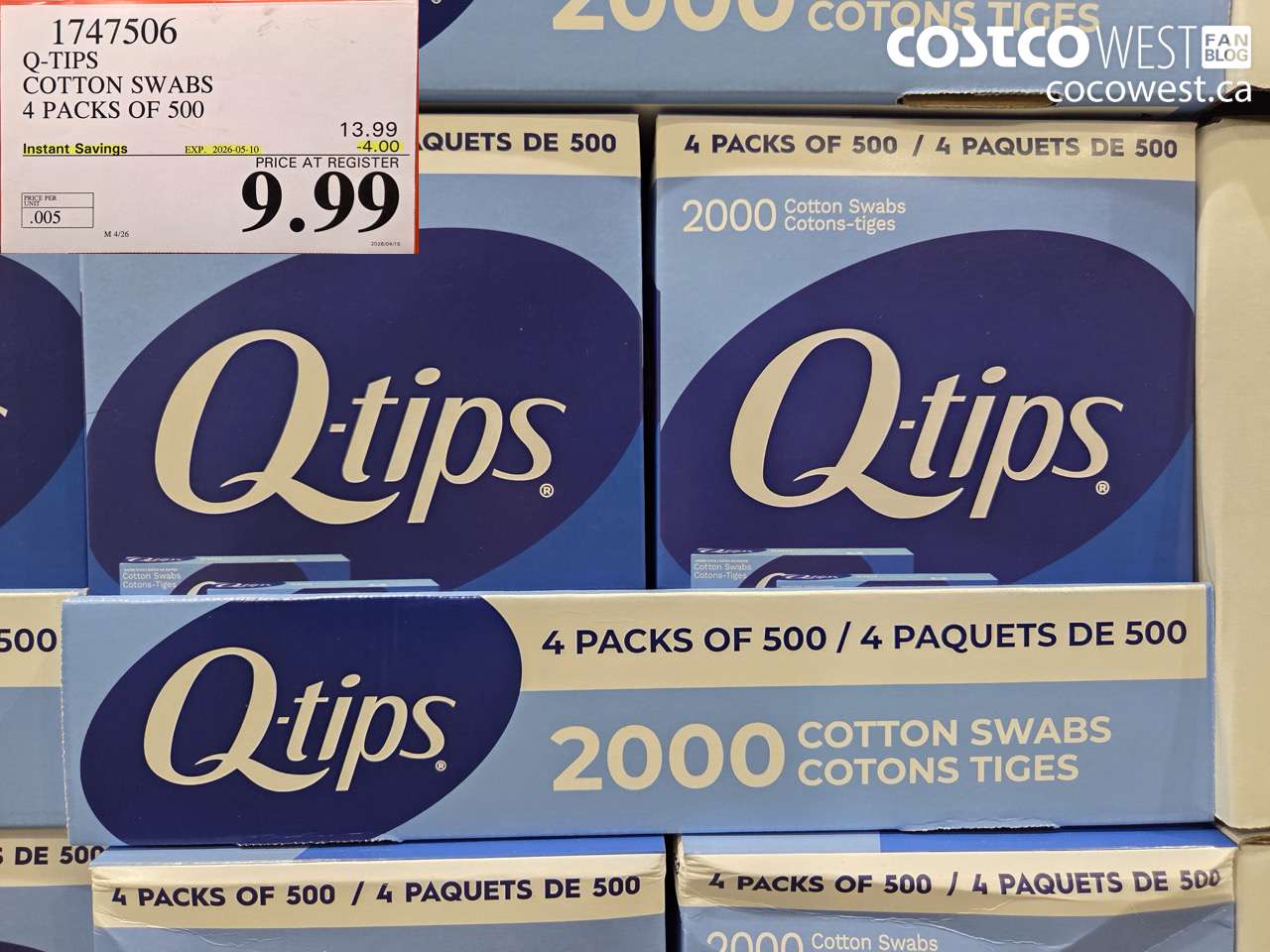 1747506 Q-TIPS COTTON SWABS 4 PACKS OF 500 ($4.00 INSTANT SAVINGS EXPIRES ON 2026-05-10) $9.99