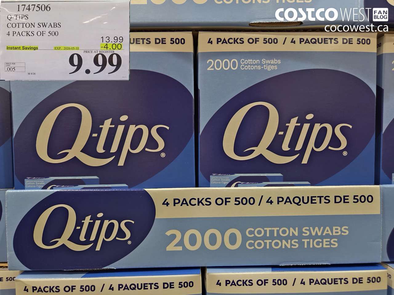 1747506 Q-TIPS COTTON SWABS 4 PACKS OF 500 ($4.00 INSTANT SAVINGS EXPIRES ON 2026-05-10) $9.99