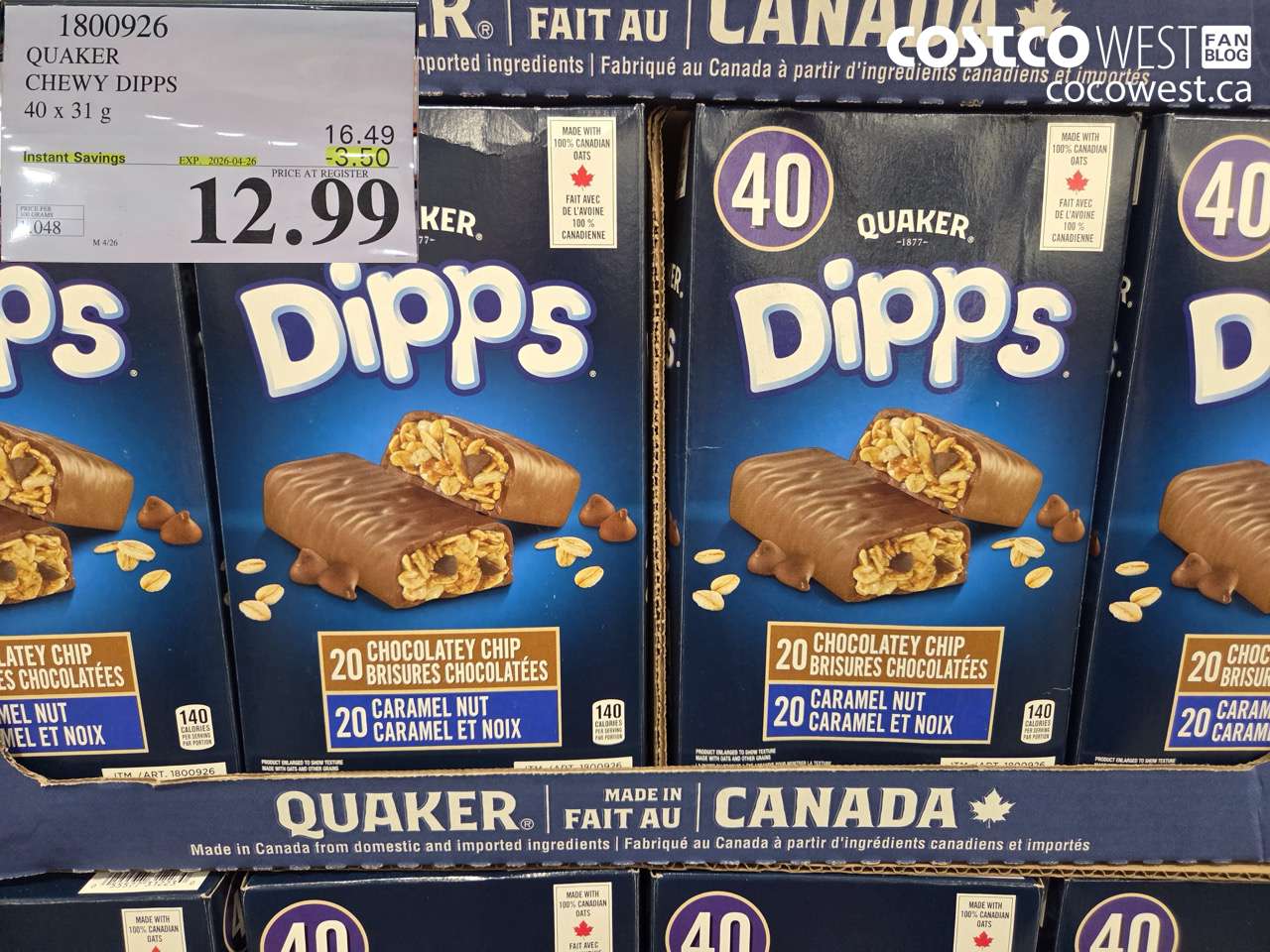 1800926 QUAKER CHEWY DIPPS 40 X 31 G ($3.50 INSTANT SAVINGS EXPIRES ON 2026-04-26) $12.99