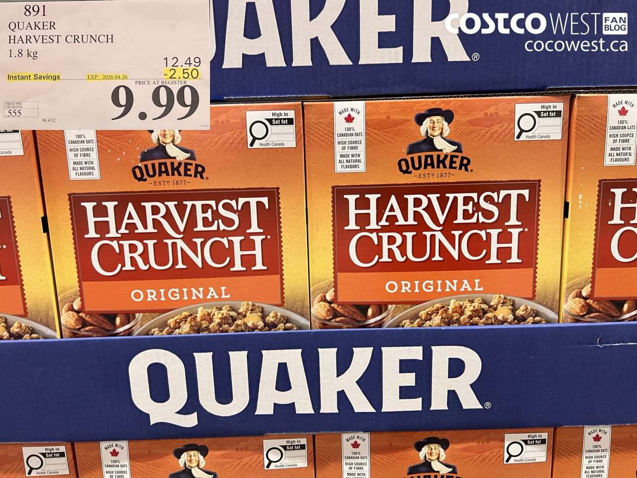 891 QUAKER HARVEST CRUNCH 1.8 KG ($2.50 INSTANT SAVINGS EXPIRES ON 2026-04-26) $9.99