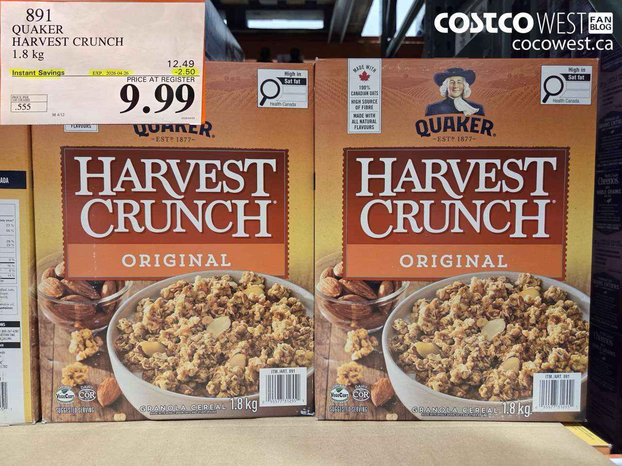 891 QUAKER HARVEST CRUNCH 1.8 KG ($2.50 INSTANT SAVINGS EXPIRES ON 2026-04-26) $9.99