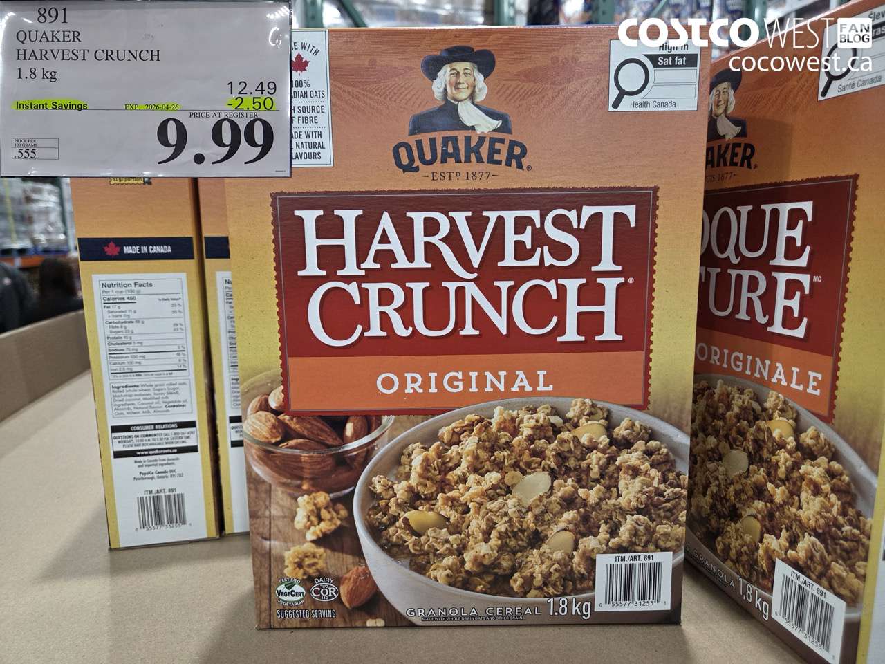 891 QUAKER HARVEST CRUNCH 1.8 KG ($2.50 INSTANT SAVINGS EXPIRES ON 2026-04-26) $9.99