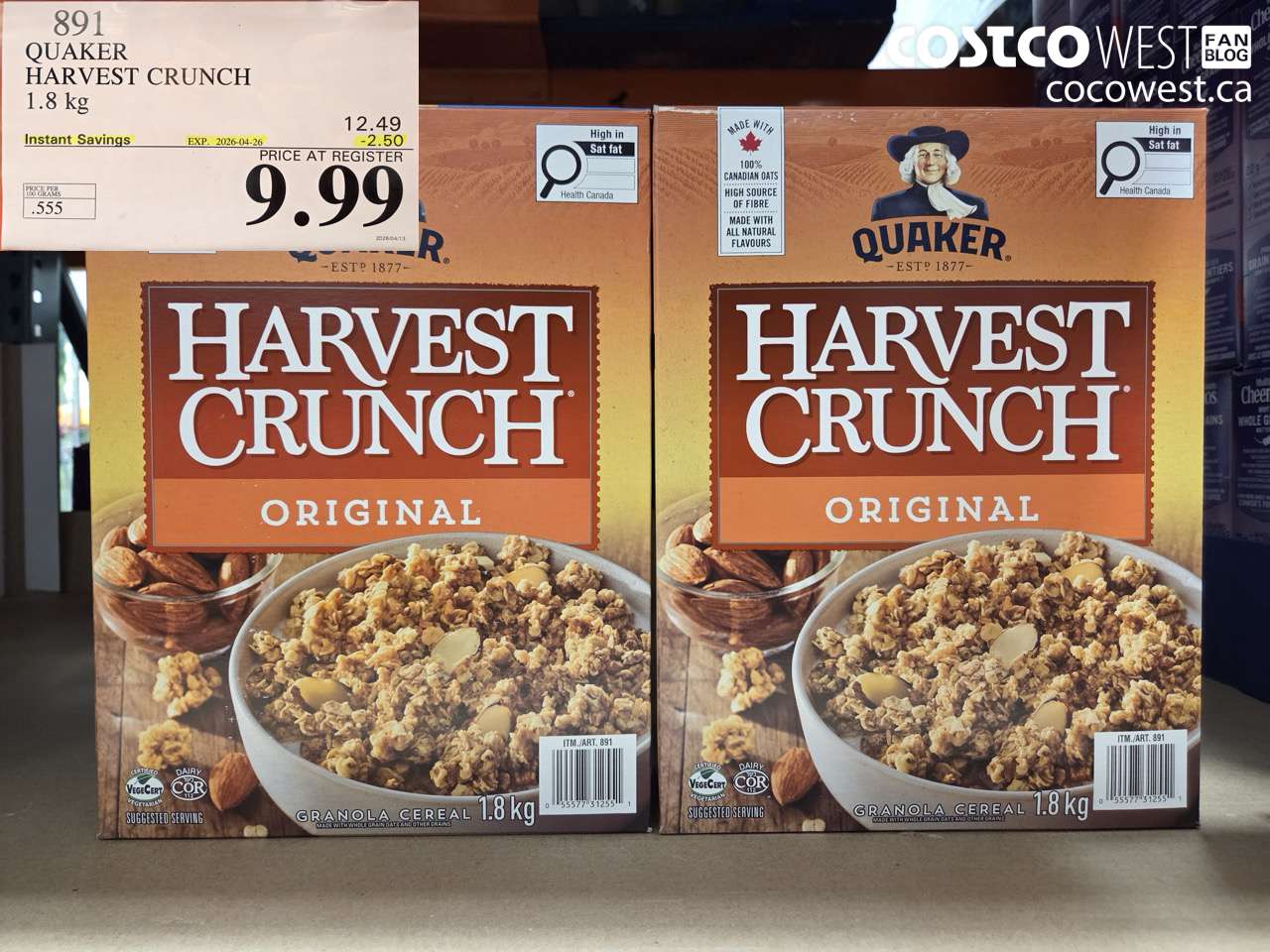 891 QUAKER HARVEST CRUNCH 1.8 KG ($2.50 INSTANT SAVINGS EXPIRES ON 2026-04-26) $9.99