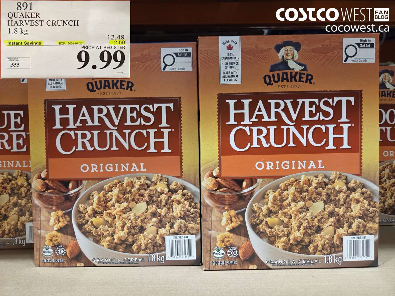 891 QUAKER HARVEST CRUNCH 1.8 KG ($2.50 INSTANT SAVINGS EXPIRES ON 2026-04-26) $9.99