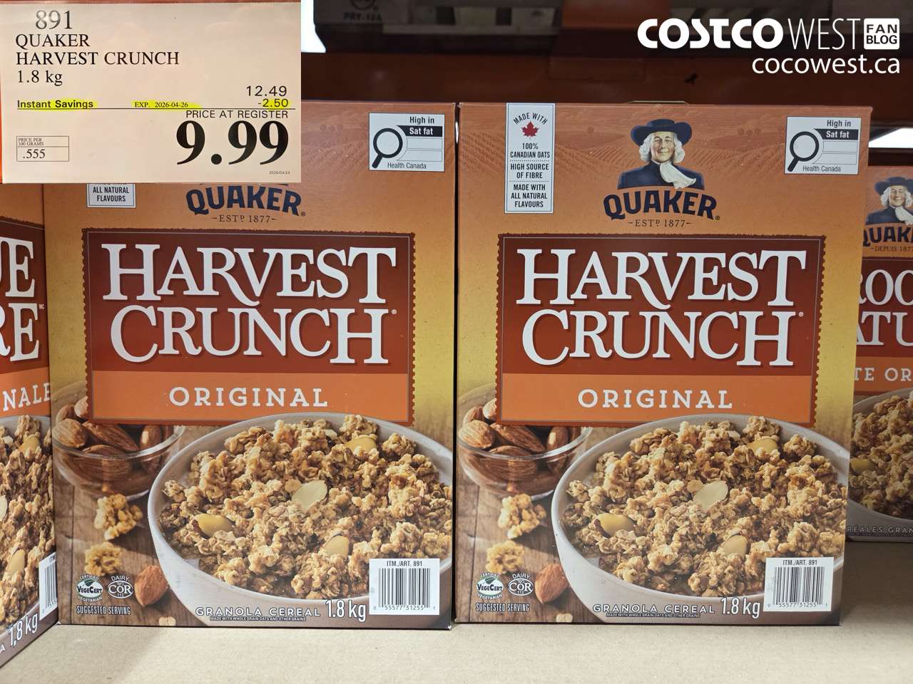 891 QUAKER HARVEST CRUNCH 1.8 KG ($2.50 INSTANT SAVINGS EXPIRES ON 2026-04-26) $9.99