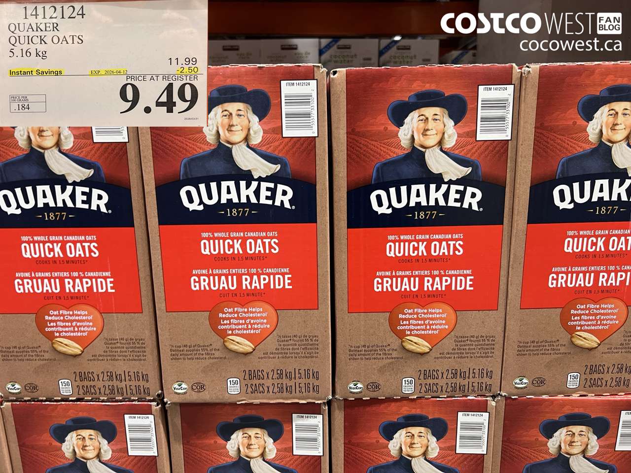 1412124 QUAKER QUICK OATS 5.16KG ($2.50 INSTANT SAVINGS EXPIRES ON 2026-04-12) $9.49