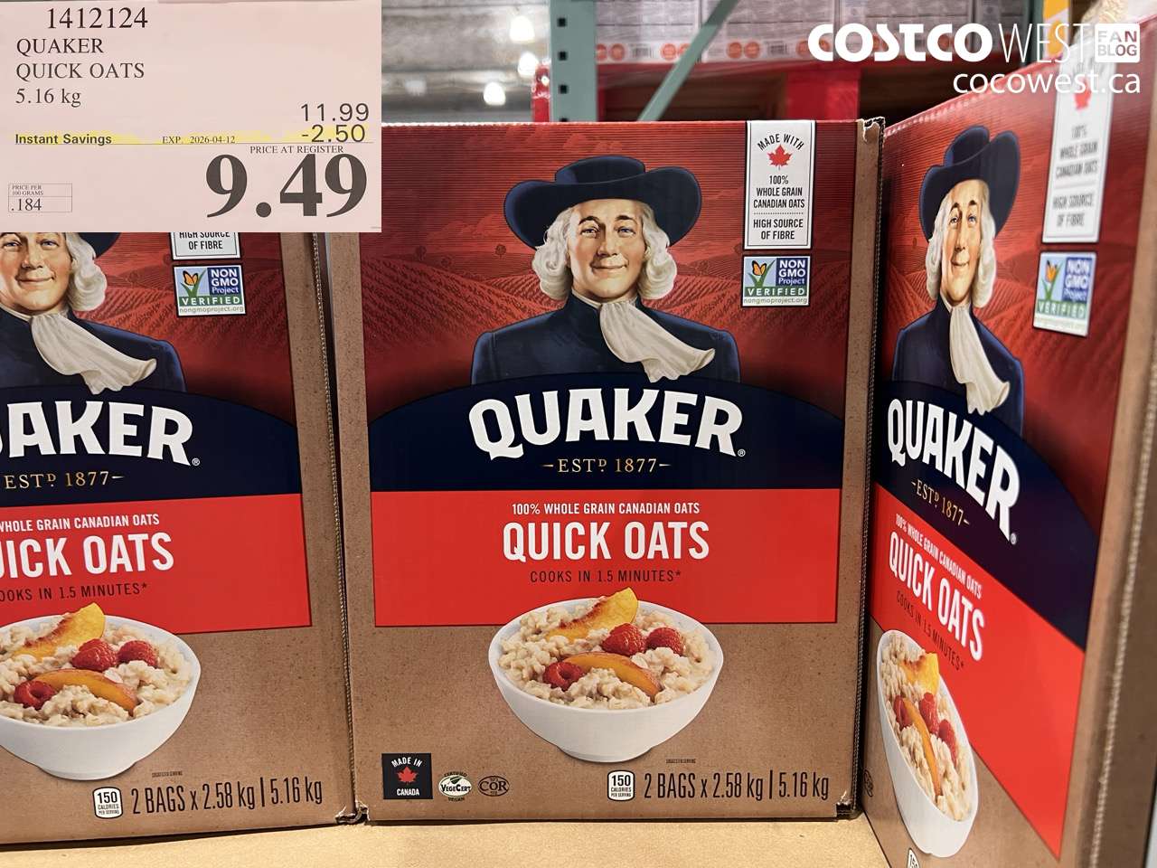 1412124 QUAKER QUICK OATS 5.16 KG ($2.50 INSTANT SAVINGS EXPIRES ON 2026-04-12) $9.49