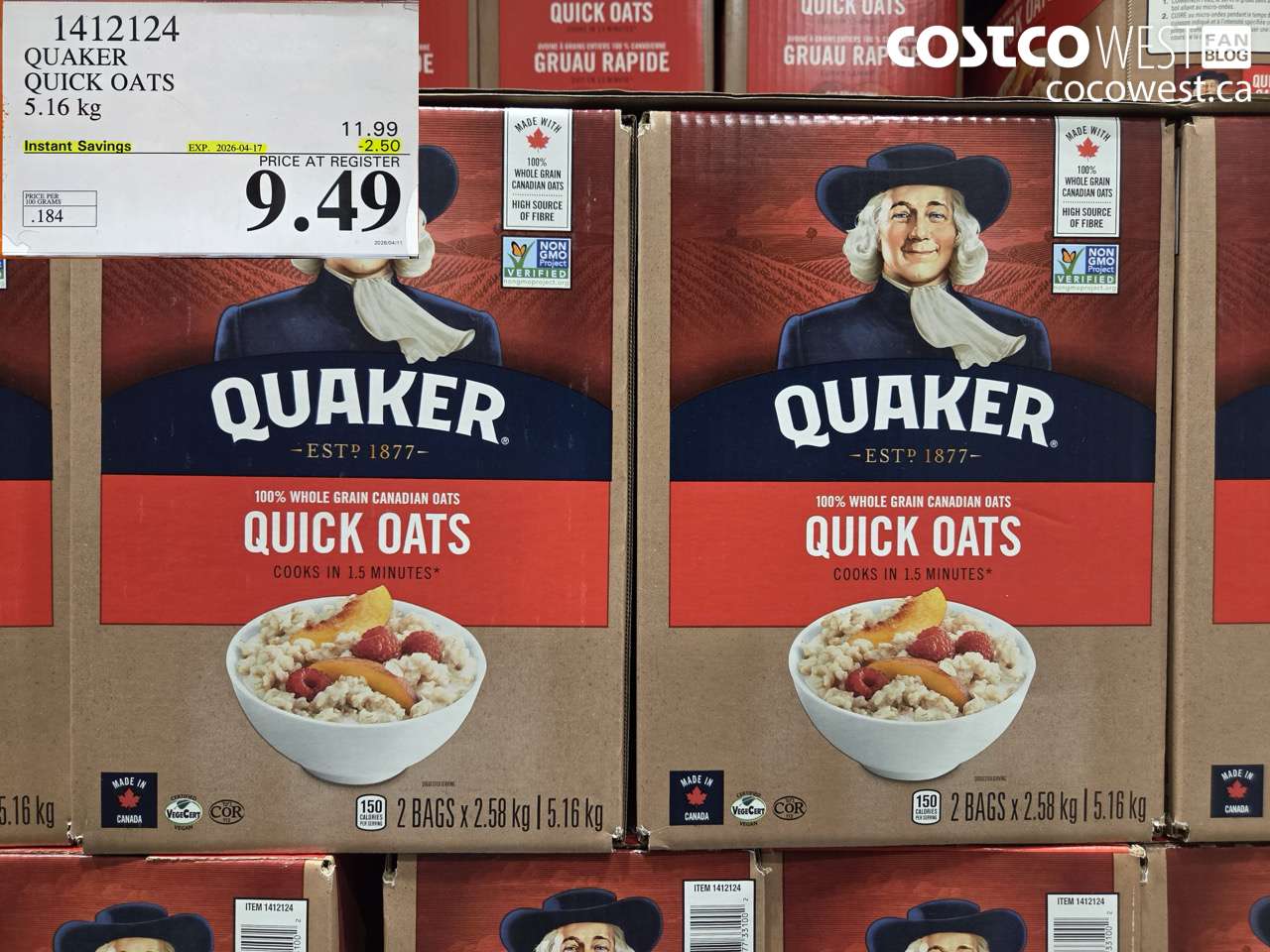 1412124 QUAKER QUICK OATS 5.16 KG ($2.50 INSTANT SAVINGS EXPIRES ON 2026-04-17) $9.49