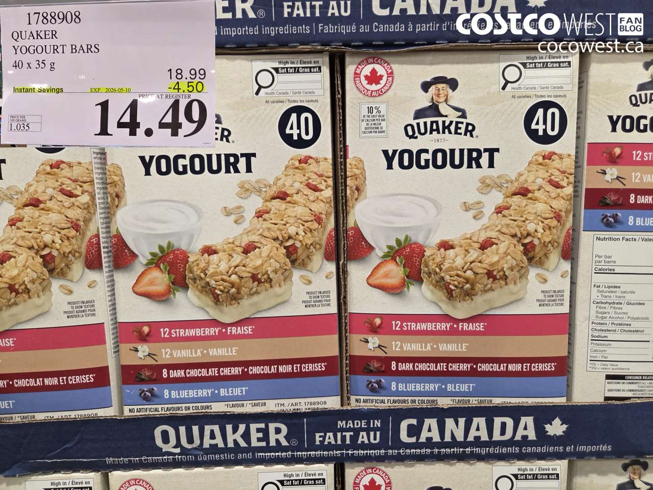 1788908 QUAKER YOGOURT BARS 40 X 35 G ($4.50 INSTANT SAVINGS EXPIRES ON 2026-05-10) $14.49